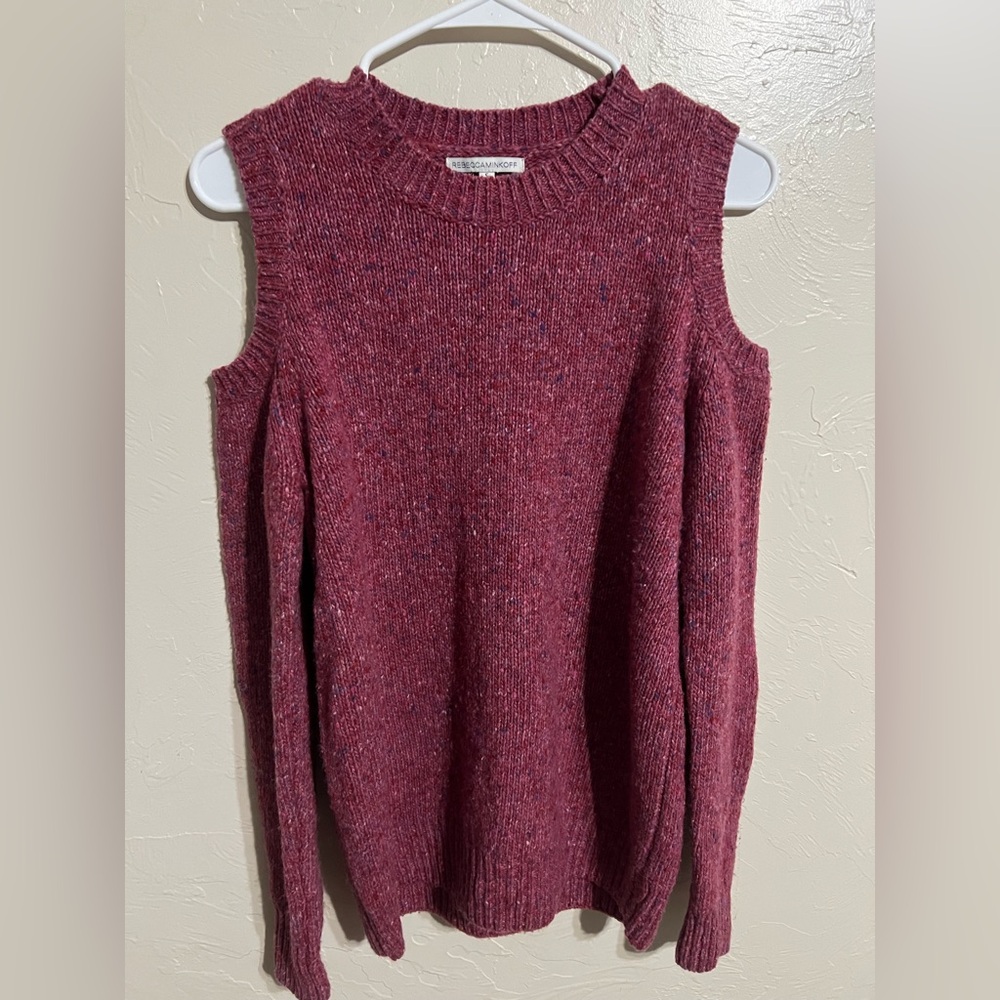 Rebecca Minkoff Fuchsia Red Knit Open‎ Shoulder Long Sleeve Sweater Top Small